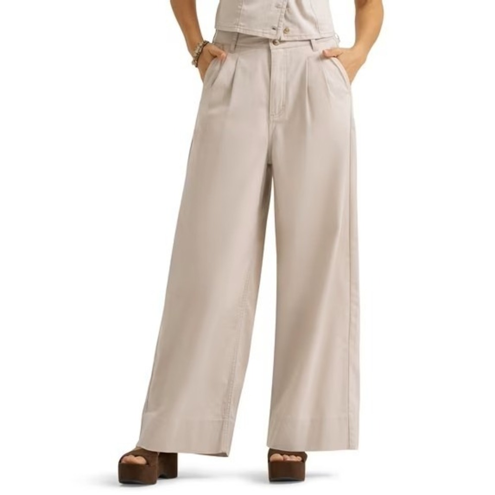 LEE High Rise Loose Fit Pleated Trouser Pants Sz 12 Putty Khaki Tan Wide Leg NWT